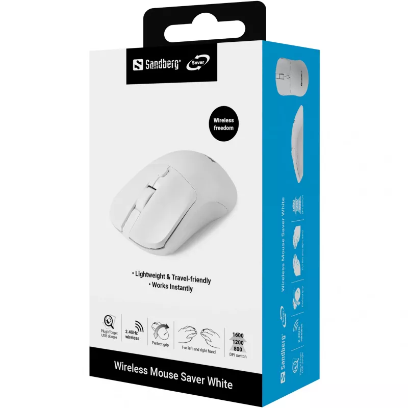 Sandberg Wireless Maus Saver Weiß, Beidhändig, RF Wireless, 1600 DPI, Weiß