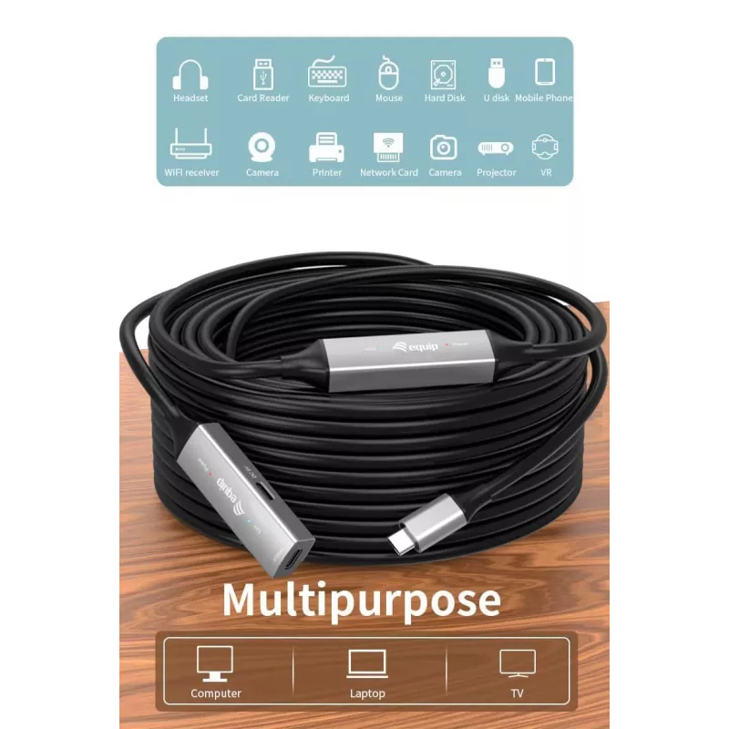 USB-C auf USB-C aktives Verlängerungskabel EQUIP 10 m, USB 3.2 Gen 1 (5 Gbit/s), schwarz