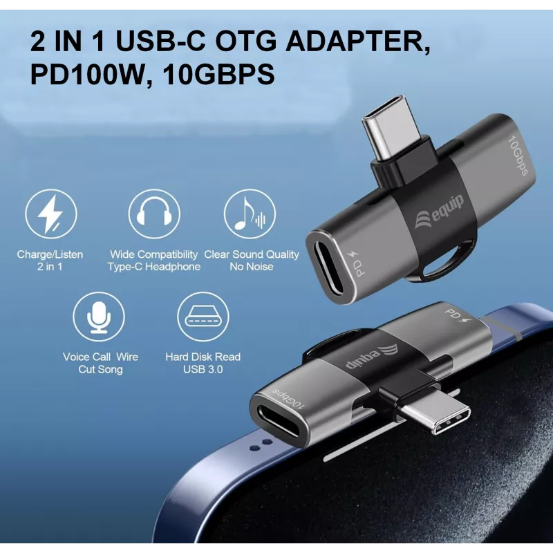 Adapter USB-C OTG 2-in-1 EQUIP 133479 — 100W PD, 10Gbit/s, 1x USB-C auf 2x USB-C, grau