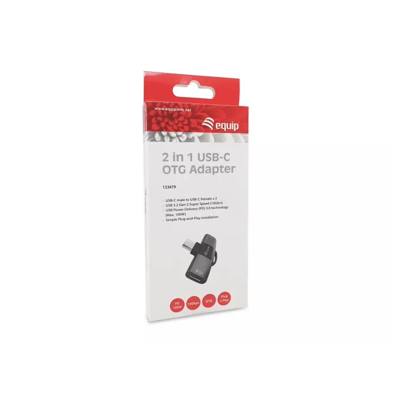 Adapter USB-C OTG 2-in-1 EQUIP 133479 — 100W PD, 10Gbit/s, 1x USB-C auf 2x USB-C, grau