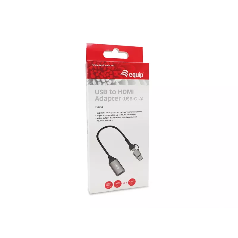 USB-zu-HDMI-Adapter EQUIP 133498 (USB-C- und USB-A-Stecker auf HDMI, 1080p, Aluminiumgehäuse, grau)