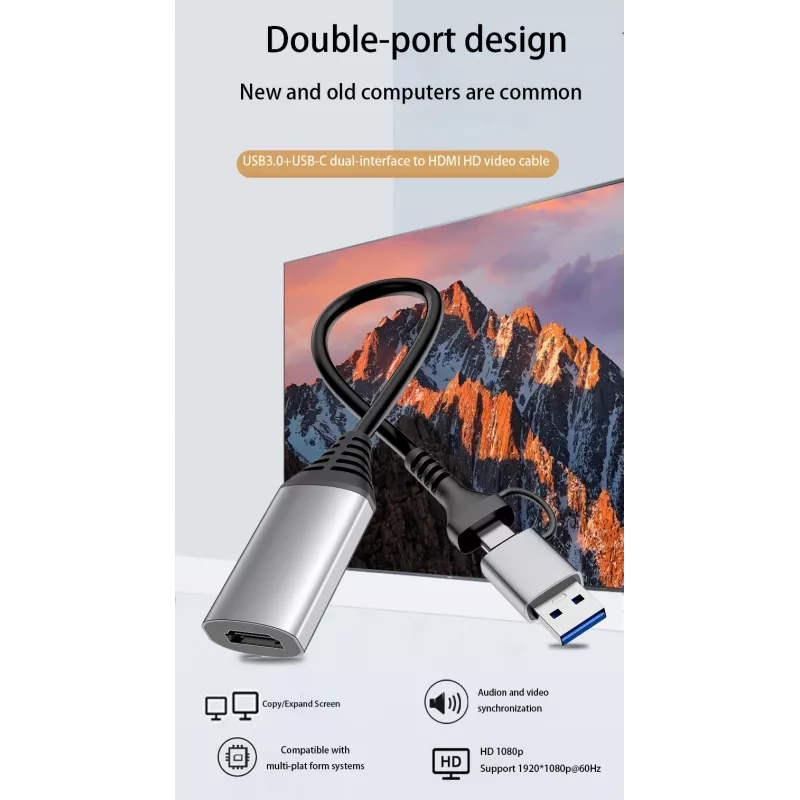 USB-zu-HDMI-Adapter EQUIP 133498 (USB-C- und USB-A-Stecker auf HDMI, 1080p, Aluminiumgehäuse, grau)