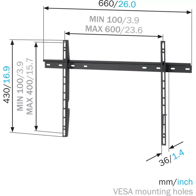 Vogel's Wandhalterung MNT 300 für Flachbildschirme bis 2,03 m (80 Zoll), Tragfähigkeit 100 kg, VESA 100x100–600x400, Schwarz