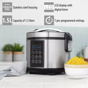 Multicooker Tristar RK-6132 — 1,5 L, 500 W, 7 Automatikprogramme, LCD, Edelstahl/Schwarz