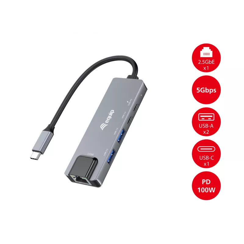 Equip 5-in-1 Multifunktionsadapter, 2,5GbE, USB-A x 2, USB-C x 1, USB-C, 100W USB PD