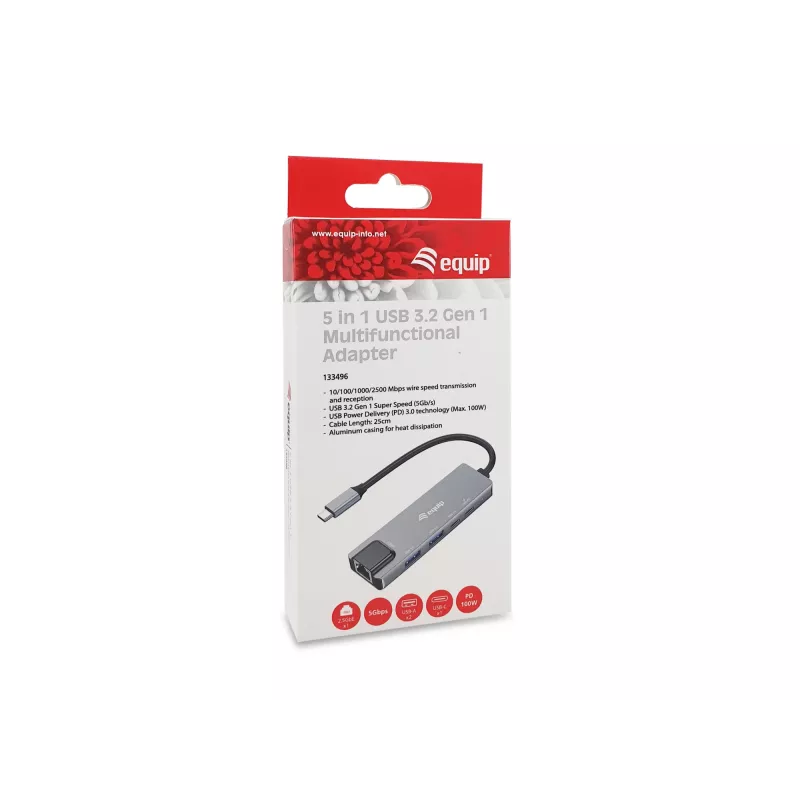 Equip 5-in-1 Multifunktionsadapter, 2,5GbE, USB-A x 2, USB-C x 1, USB-C, 100W USB PD