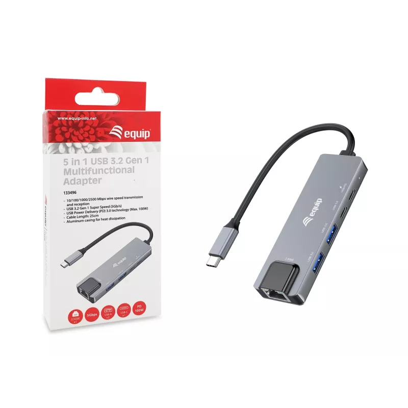 Equip 5-in-1 Multifunktionsadapter, 2,5GbE, USB-A x 2, USB-C x 1, USB-C, 100W USB PD
