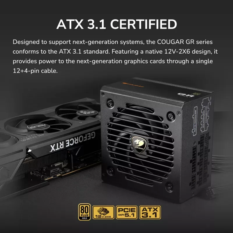 Netzteil Cougar GR 850W ATX3.1 PCIe 5.1 80 PLUS Gold, 850 W, 20+4-Pin ATX, 120-mm-Lüfter, schwarz