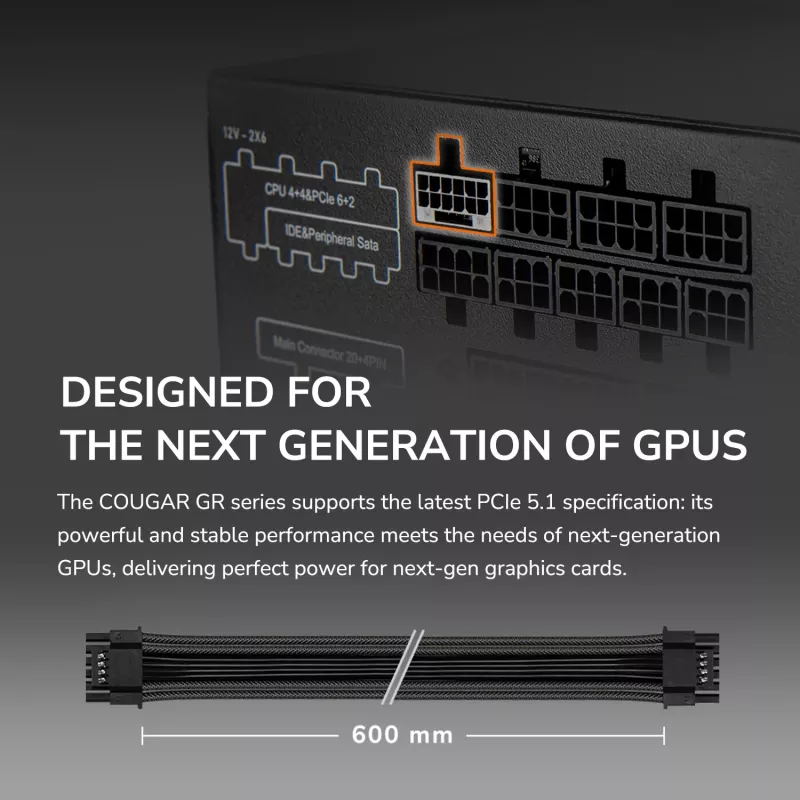 Netzteil Cougar GR 850W ATX3.1 PCIe 5.1 80 PLUS Gold, 850 W, 20+4-Pin ATX, 120-mm-Lüfter, schwarz