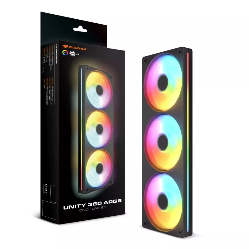Cougar Unity360-FB Single-Frame 360 ARGB PWM Forward, 120mm×3, 700–2500 RPM, FDB, 5.4 mmH2O, Schwarz