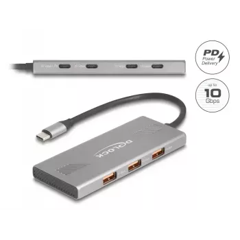 DELOCK USB 3.2 Gen 2 Type-C Hub 7‑Port (4×Type‑C, 3×Type‑A) 10 Gbit/s Grau
