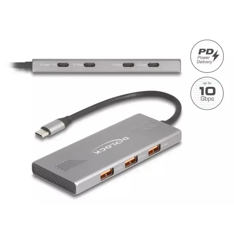 DELOCK USB 3.2 Gen 2 Type-C Hub 7‑Port (4×Type‑C, 3×Type‑A) 10 Gbit/s Grau