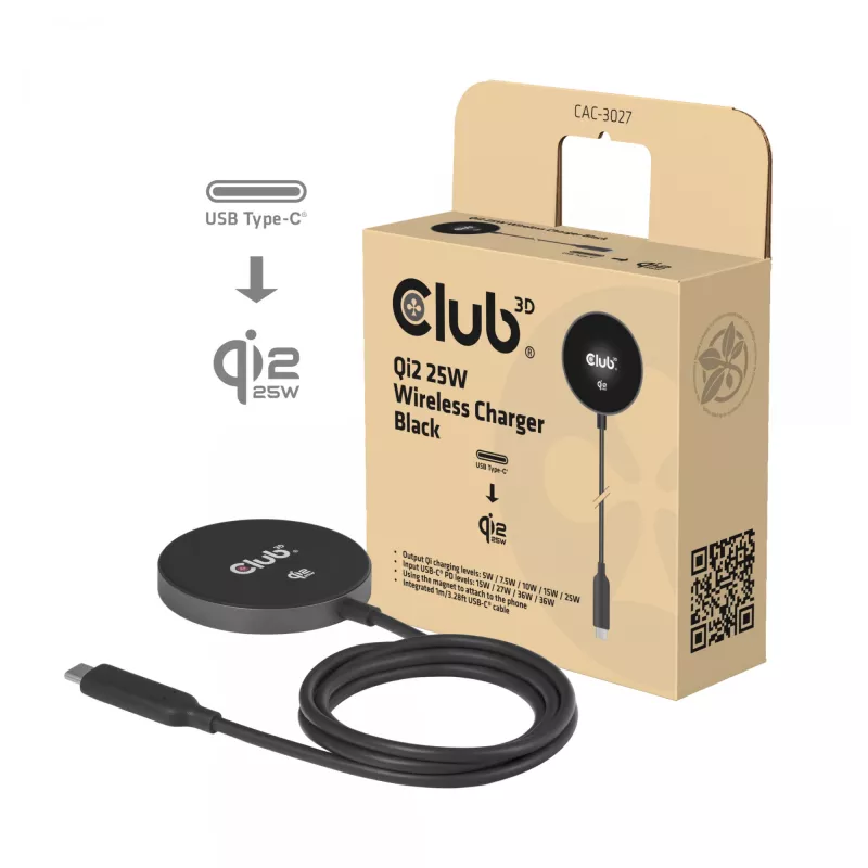 Wireless Charger pad CLUB3D CAC-3027 Qi2 25W MagSafe-kompatibles magnetisches Pad, DC Ladegerät für Innenräume, 1 m Kabel, schwarz