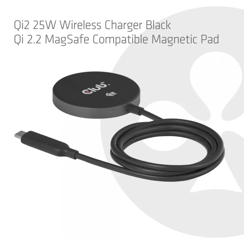 Wireless Charger pad CLUB3D CAC-3027 Qi2 25W MagSafe-kompatibles magnetisches Pad, DC Ladegerät für Innenräume, 1 m Kabel, schwarz