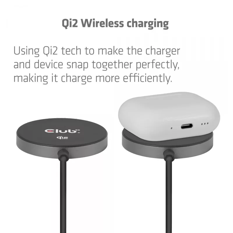 Wireless Charger pad CLUB3D CAC-3027 Qi2 25W MagSafe-kompatibles magnetisches Pad, DC Ladegerät für Innenräume, 1 m Kabel, schwarz