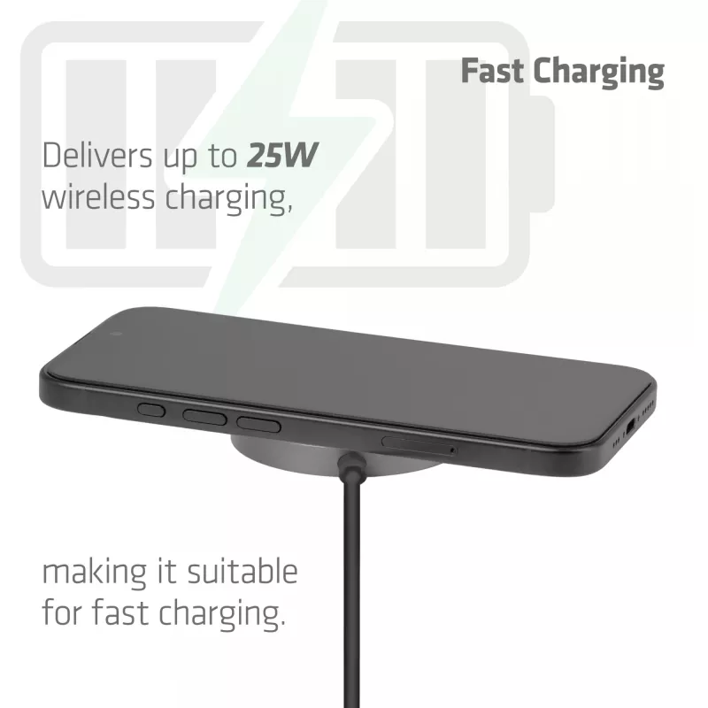 Wireless Charger pad CLUB3D CAC-3027 Qi2 25W MagSafe-kompatibles magnetisches Pad, DC Ladegerät für Innenräume, 1 m Kabel, schwarz