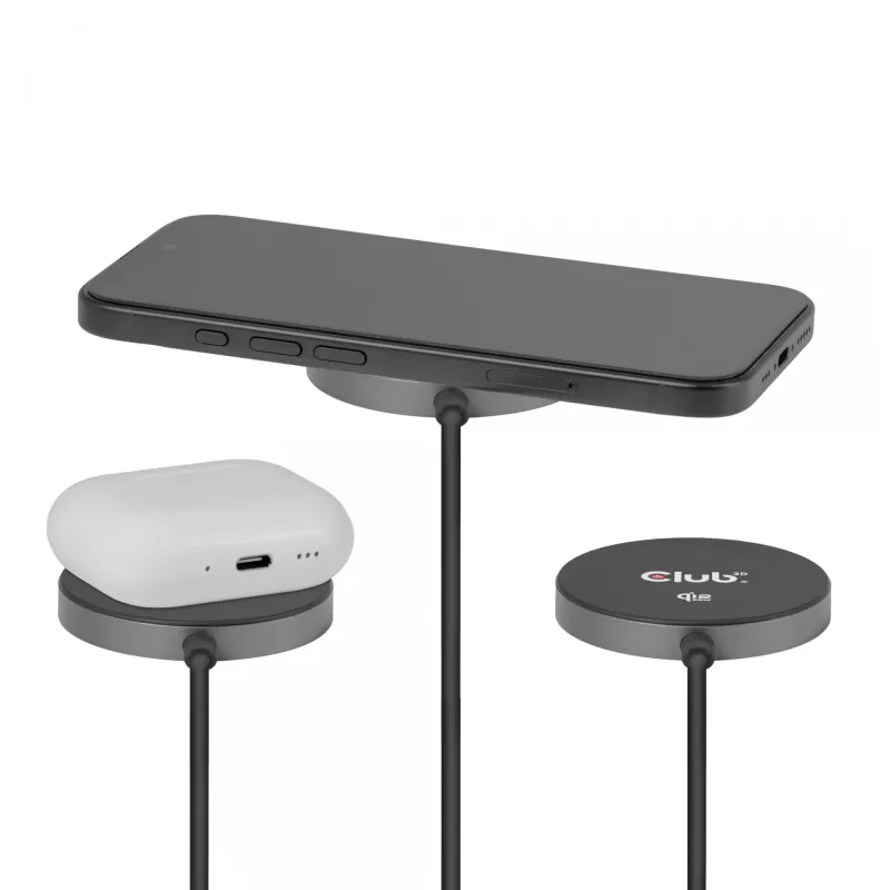 Wireless Charger pad CLUB3D CAC-3027 Qi2 25W MagSafe-kompatibles magnetisches Pad, DC Ladegerät für Innenräume, 1 m Kabel, schwarz