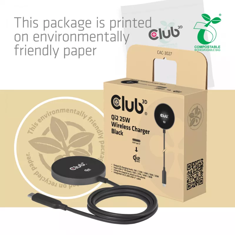 Wireless Charger pad CLUB3D CAC-3027 Qi2 25W MagSafe-kompatibles magnetisches Pad, DC Ladegerät für Innenräume, 1 m Kabel, schwarz