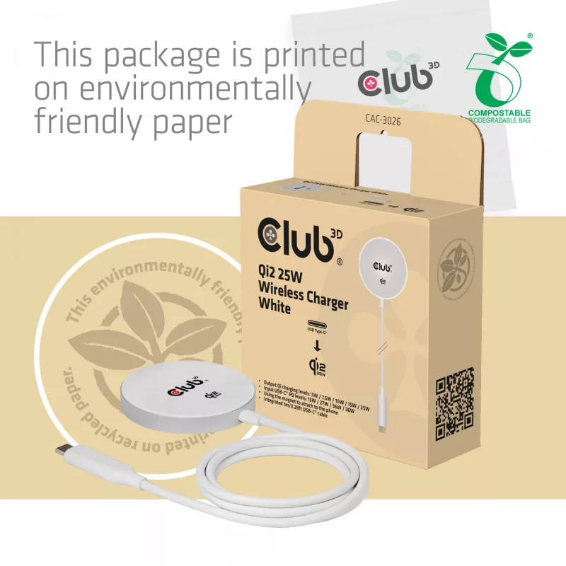 Wireless Charger club 3d CAC-3026 25W Qi2 magnetisches Pad, Qi 2.2 MagSafe kompatibel, 1 m Kabel, weiß
