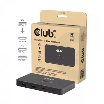 KVM switch club 3d Dual USB-C to HDMI, 2‑port, 4K UHD 3840x2160, USB-C console, 65W PD, schwarz