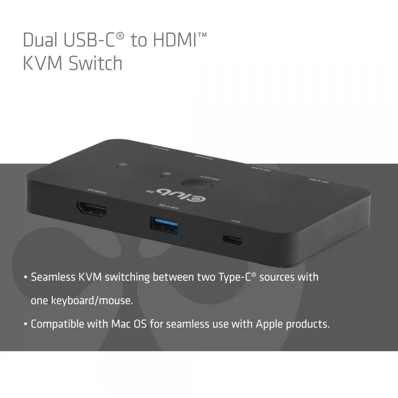 KVM switch club 3d Dual USB-C to HDMI, 2‑port, 4K UHD 3840x2160, USB-C console, 65W PD, schwarz