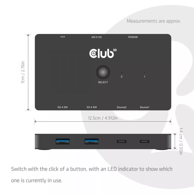 KVM switch club 3d Dual USB-C to HDMI, 2‑port, 4K UHD 3840x2160, USB-C console, 65W PD, schwarz