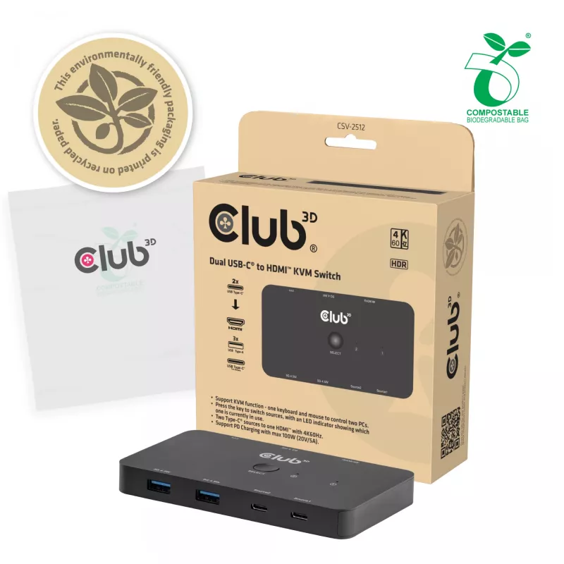 KVM switch club 3d Dual USB-C to HDMI, 2‑port, 4K UHD 3840x2160, USB-C console, 65W PD, schwarz