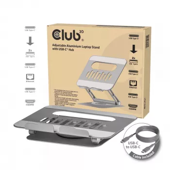 CLUB3D Verstellbarer Aluminium-Laptop-Ständer mit USB-C® Hub, Grau, 260 mm, 224 mm, 56 mm, 1,76 kg, 315 mm