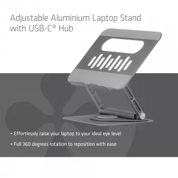 CLUB3D Verstellbarer Aluminium-Laptop-Ständer mit USB-C® Hub, Grau, 260 mm, 224 mm, 56 mm, 1,76 kg, 315 mm