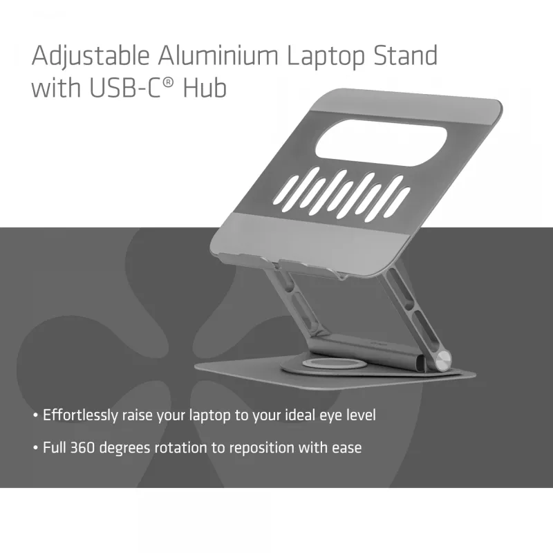 CLUB3D Verstellbarer Aluminium-Laptop-Ständer mit USB-C® Hub, Grau, 260 mm, 224 mm, 56 mm, 1,76 kg, 315 mm