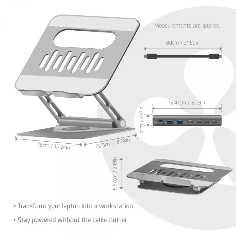 CLUB3D Verstellbarer Aluminium-Laptop-Ständer mit USB-C® Hub, Grau, 260 mm, 224 mm, 56 mm, 1,76 kg, 315 mm