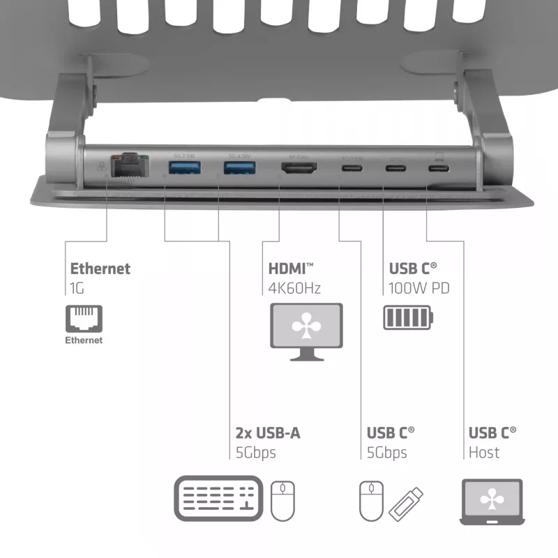 CLUB3D Verstellbarer Aluminium-Laptop-Ständer mit USB-C® Hub, Grau, 260 mm, 224 mm, 56 mm, 1,76 kg, 315 mm