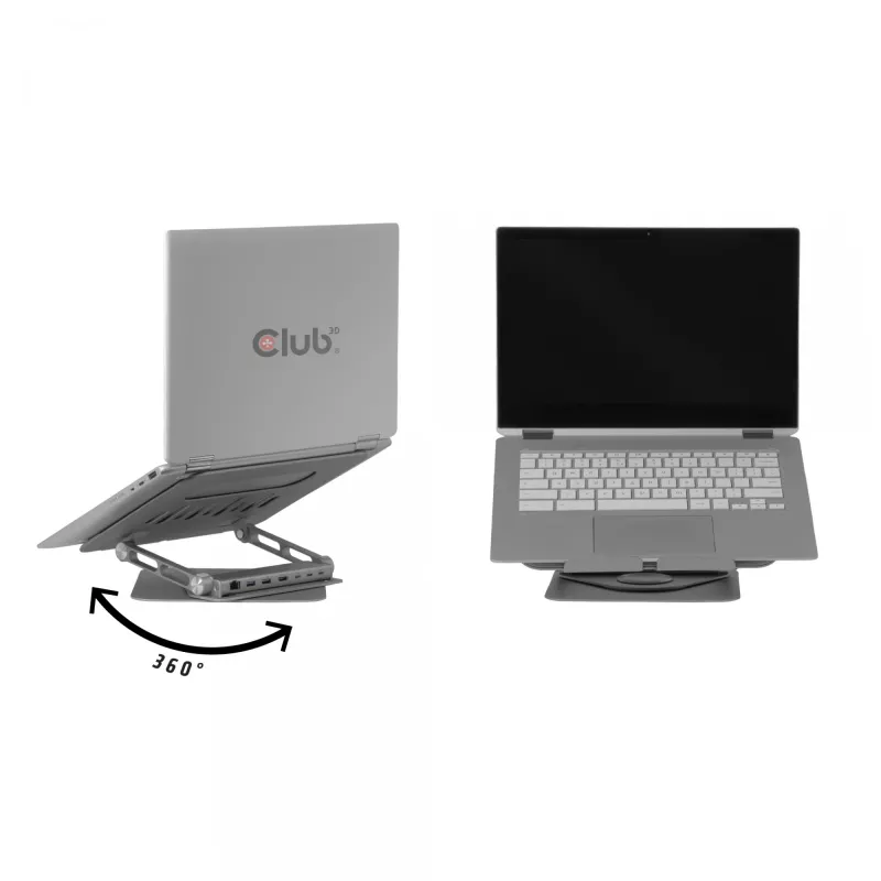 CLUB3D Verstellbarer Aluminium-Laptop-Ständer mit USB-C® Hub, Grau, 260 mm, 224 mm, 56 mm, 1,76 kg, 315 mm