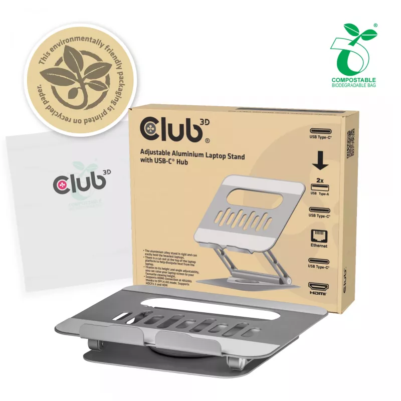 CLUB3D Verstellbarer Aluminium-Laptop-Ständer mit USB-C® Hub, Grau, 260 mm, 224 mm, 56 mm, 1,76 kg, 315 mm