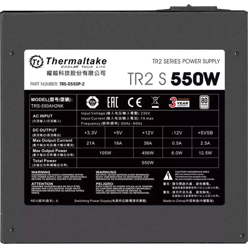 Netzteil THERMALTAKE TR2 S 550W, ATX, 20+4 Pin, 80 PLUS, 120 mm Lüfter, schwarz