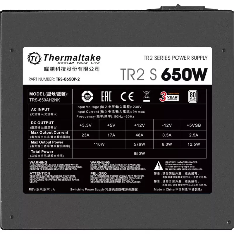 Netzteil Thermaltake TR2 S 650W – ATX, 20+4-pin, 80 PLUS, 120-mm-Lüfter, Schwarz