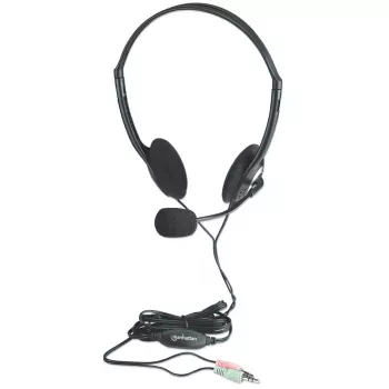 Manhattan Stereo On-Ear-Headset (3,5 mm), Mikrofonbügel, Inline-Lautstärkeregelung, Schaumstoff-Ohrpolster, Standard-2x 3,5-mm-Stereo-Klinkenstecker für Audio-/Mikrofonnutzung, Kabel 2 m, Schwarz, drei Jahre Garantie