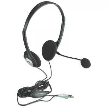 Manhattan Stereo On-Ear-Headset (3,5 mm), Mikrofonbügel, Inline-Lautstärkeregelung, Schaumstoff-Ohrpolster, Standard-2x 3,5-mm-Stereo-Klinkenstecker für Audio-/Mikrofonnutzung, Kabel 2 m, Schwarz, drei Jahre Garantie