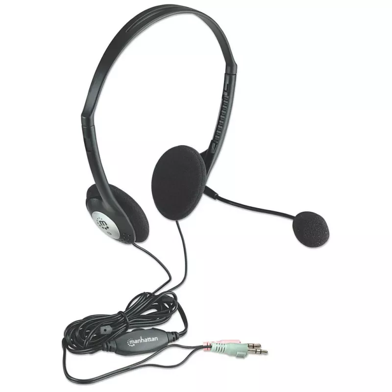 Manhattan Stereo On-Ear-Headset (3,5 mm), Mikrofonbügel, Inline-Lautstärkeregelung, Schaumstoff-Ohrpolster, Standard-2x 3,5-mm-Stereo-Klinkenstecker für Audio-/Mikrofonnutzung, Kabel 2 m, Schwarz, drei Jahre Garantie