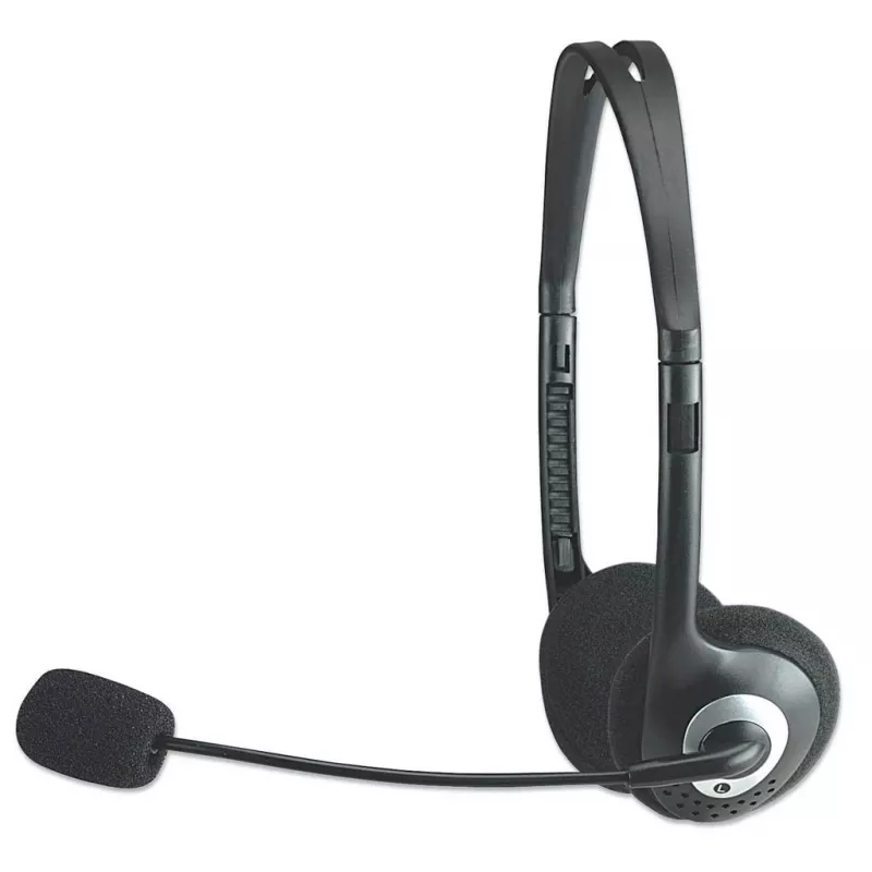 Manhattan Stereo On-Ear-Headset (3,5 mm), Mikrofonbügel, Inline-Lautstärkeregelung, Schaumstoff-Ohrpolster, Standard-2x 3,5-mm-Stereo-Klinkenstecker für Audio-/Mikrofonnutzung, Kabel 2 m, Schwarz, drei Jahre Garantie