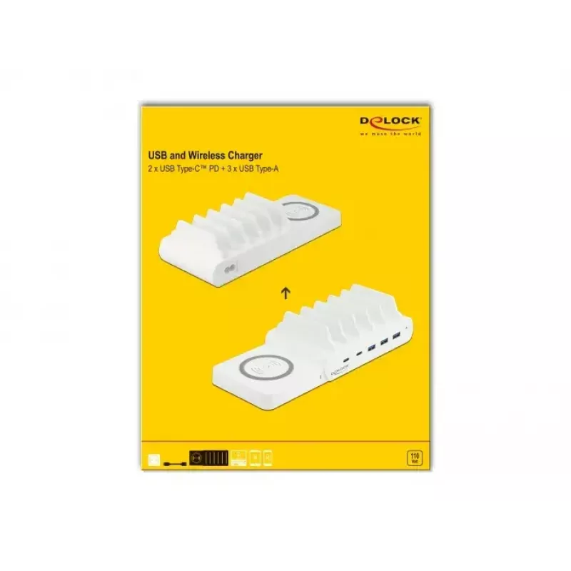 Freistehendes Ladegerät DeLOCK USB- und kabelloses Ladegerät 2 x USB Typ-C PD + 3 x USB Typ-A mit 110 W