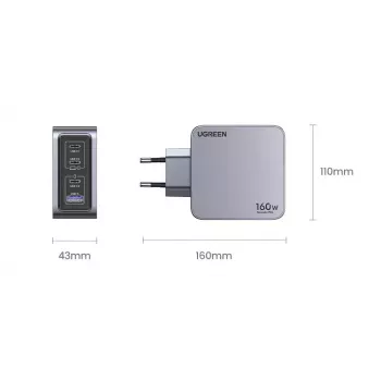 Ugreen Nexode Pro 160W GaN Ladegerät mit USB-C-Kabel Universal Schwarz, Grau AC Schnellladung Indoor