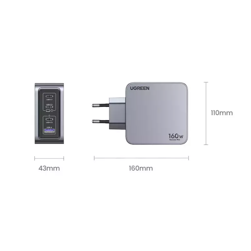 Ugreen Nexode Pro 160W GaN Ladegerät mit USB-C-Kabel Universal Schwarz, Grau AC Schnellladung Indoor
