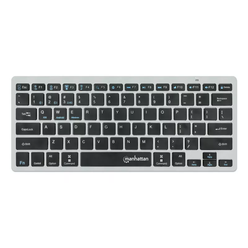 Manhattan Ultra schlank Dual-Mode Wireless Tastatur, Deutsches QWERTZ-Layout, Bluetooth (v3.0) und Wireless (2,4 GHz), 78 flache Scherentasten, automatische Energieverwaltung, Reichweite 10 m, USB-A-Mikroempfänger, AAA-Batterie (im Lieferumfang enthalten), Windows und Mac, Drei Jahre Garantie