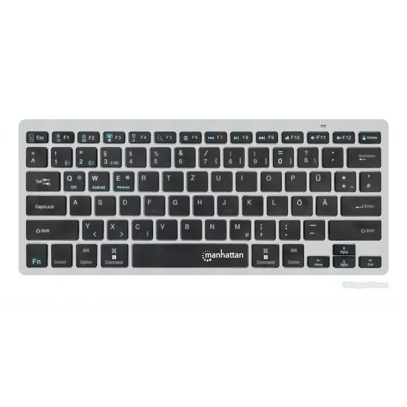 Manhattan Ultra schlank Dual-Mode Wireless Tastatur, Deutsches QWERTZ-Layout, Bluetooth (v3.0) und Wireless (2,4 GHz), 78 flache Scherentasten, automatische Energieverwaltung, Reichweite 10 m, USB-A-Mikroempfänger, AAA-Batterie (im Lieferumfang enthalten), Windows und Mac, Drei Jahre Garantie