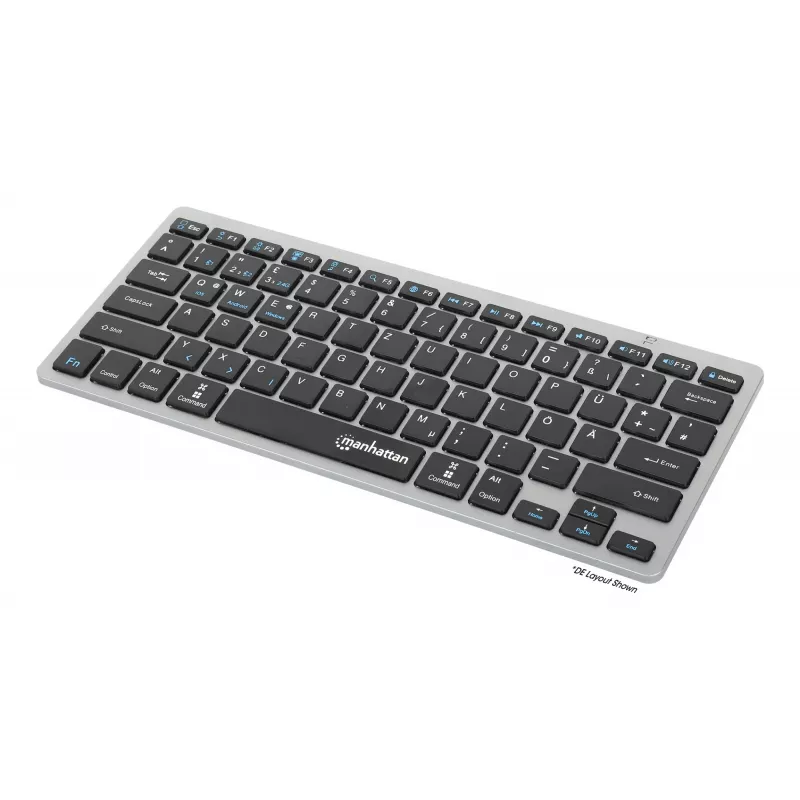Manhattan Ultra schlank Dual-Mode Wireless Tastatur, Deutsches QWERTZ-Layout, Bluetooth (v3.0) und Wireless (2,4 GHz), 78 flache Scherentasten, automatische Energieverwaltung, Reichweite 10 m, USB-A-Mikroempfänger, AAA-Batterie (im Lieferumfang enthalten), Windows und Mac, Drei Jahre Garantie