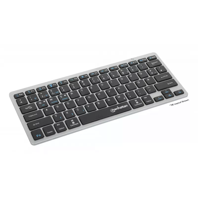 Manhattan Ultra schlank Dual-Mode Wireless Tastatur, Deutsches QWERTZ-Layout, Bluetooth (v3.0) und Wireless (2,4 GHz), 78 flache Scherentasten, automatische Energieverwaltung, Reichweite 10 m, USB-A-Mikroempfänger, AAA-Batterie (im Lieferumfang enthalten), Windows und Mac, Drei Jahre Garantie