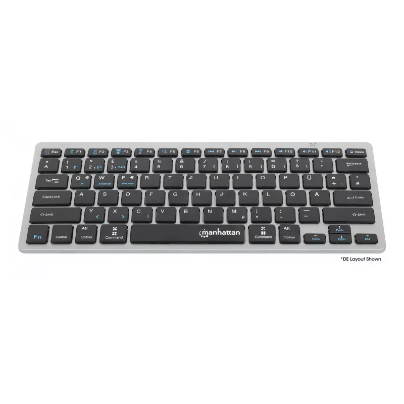 Manhattan Ultra schlank Dual-Mode Wireless Tastatur, Deutsches QWERTZ-Layout, Bluetooth (v3.0) und Wireless (2,4 GHz), 78 flache Scherentasten, automatische Energieverwaltung, Reichweite 10 m, USB-A-Mikroempfänger, AAA-Batterie (im Lieferumfang enthalten), Windows und Mac, Drei Jahre Garantie