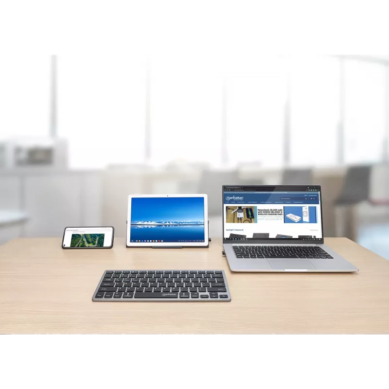 Manhattan Ultra schlank Dual-Mode Wireless Tastatur, Deutsches QWERTZ-Layout, Bluetooth (v3.0) und Wireless (2,4 GHz), 78 flache Scherentasten, automatische Energieverwaltung, Reichweite 10 m, USB-A-Mikroempfänger, AAA-Batterie (im Lieferumfang enthalten), Windows und Mac, Drei Jahre Garantie