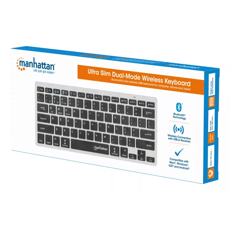 Manhattan Ultra schlank Dual-Mode Wireless Tastatur, Deutsches QWERTZ-Layout, Bluetooth (v3.0) und Wireless (2,4 GHz), 78 flache Scherentasten, automatische Energieverwaltung, Reichweite 10 m, USB-A-Mikroempfänger, AAA-Batterie (im Lieferumfang enthalten), Windows und Mac, Drei Jahre Garantie